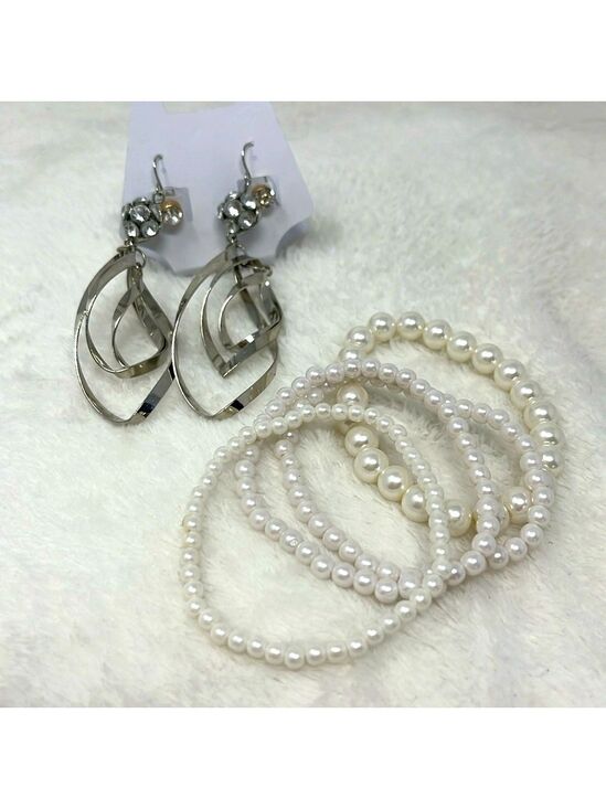 unlabelled Jewelry - 6 piece set 2 sparkly earrings and 4 faux pearl bracelet set